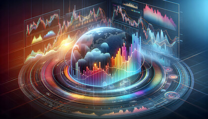 Bitcoin Crypto A close-up 3D view of Forex charts with live fluctuating graphs, colorful bars, and a semi-transpare3