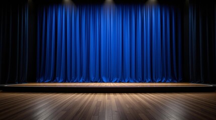 Blue curtain on a stage with spotlight illumination and wooden floor in a dark theater setting.