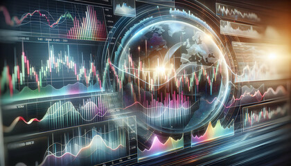 Bitcoin Crypto A close-up 3D view of Forex charts with live fluctuating graphs, colorful bars, and a semi-transpare1