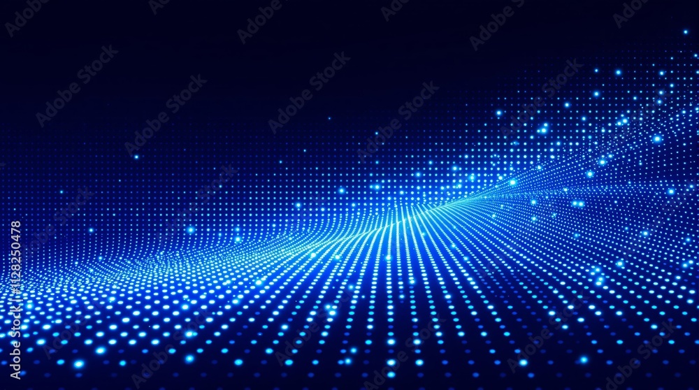 Poster Abstract glowing blue dots creating a wave-like digital background in motion.