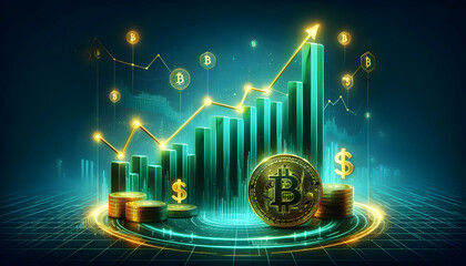 Bitcoin Crypto A detailed line graph glowing in emerald green, with a dollar sign ($) at the base and golden Bitcoi3