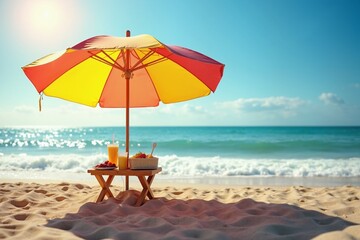 Colorful beach umbrella with snacks on sandy shore, summer relaxation