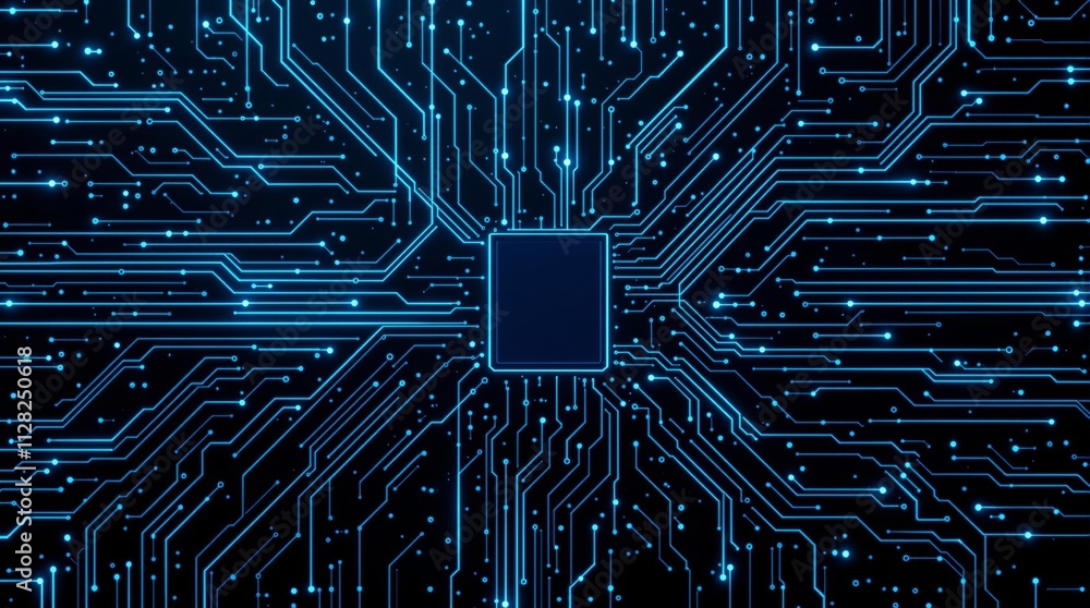 Poster abstract glowing blue circuit board design with central chip on black background.