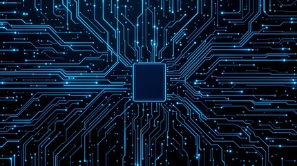 Abstract glowing blue circuit board design with central chip on black background.