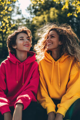 Obraz premium Youthful Lifestyle Branding with Vibrant Hoodies in Sunny Urban Park