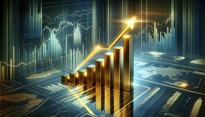 Bitcoin Crypto A bar chart with sharp-edged bars and a glowing gold arrow rising upward, surrounded by faint financ4