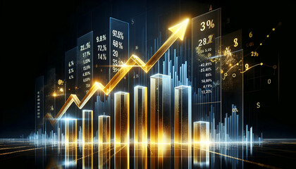 Bitcoin Crypto A bar chart with translucent glass-like bars and a golden upward arrow glowing brightly, with stock 4