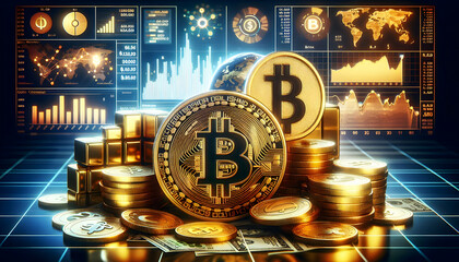 A Bitcoin (฿) and dollar ($) symbol displayed alongside stacks of gold coins and bars, Data visualiz12