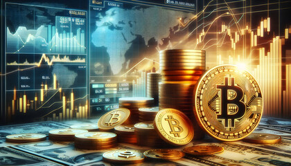 A Bitcoin (฿) and dollar ($) symbol displayed alongside stacks of gold coins and bars, Data visualiz1