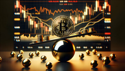 Bitcoin Crypto A Bitcoin coin on a seesaw-like structure balanced on a spherical pivot, with smaller spheres placed3