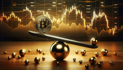 Bitcoin Crypto A Bitcoin coin on a seesaw-like structure balanced on a spherical pivot, with smaller spheres placed1