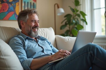 Cheerful man using laptop on cozy sofa, remote work lifestyle