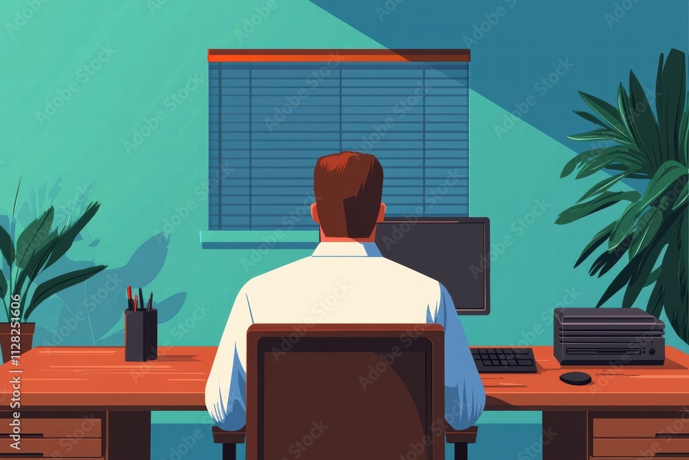 Poster aging population future concept. a man sits at a desk, facing a computer in a brightly colored room 