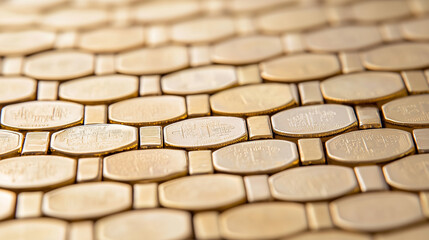 Golden Mosaic: A close-up shot of a intricate and mesmerizing mosaic pattern created from numerous small golden tiles. The textured surface and repeating design create a compelling visual rhythm.  