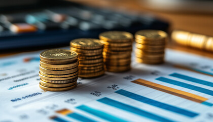 stacks of coins on financial spreadsheet