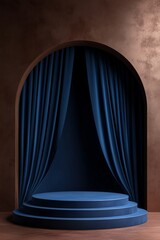 Navy blue podium scene with an arch and blue curtain, creating a sense of depth. The background is dark brown
