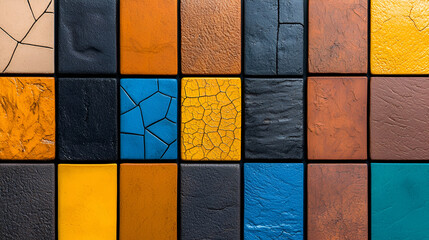 Fototapeta premium Colorful textured leather swatches arranged in a grid pattern, showcasing various shades and finishes for design inspiration.
