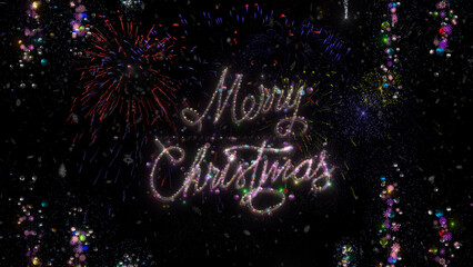 Merry Christmas fireworks shining sparkling card. Christmas balls and snowflakes. Make your Christmas Card and New Year Eve perfect adding Merry Christmas and Happy New Year template.