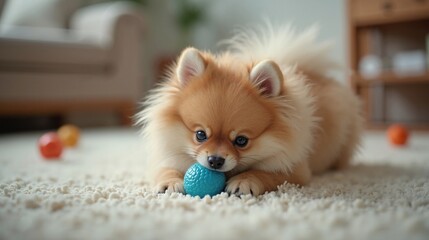 Adorable Pomeranian puppy playing with blue ball on carpet