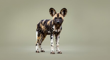 African wild dog on neutral background highlighting unique coat patterns