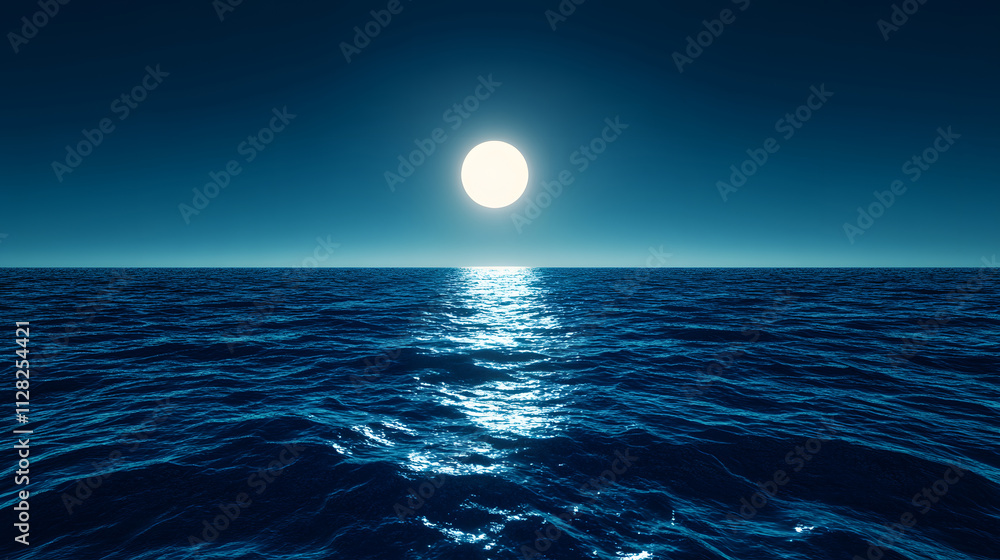 Poster a serene ocean scene at night, illuminated by a bright full moon, creating shimmering reflections on