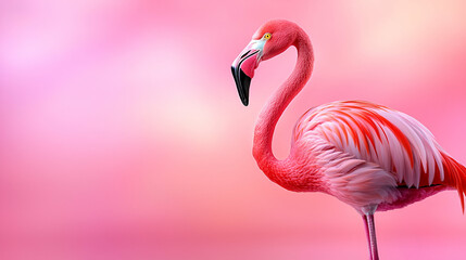 Fototapeta premium A vibrant pink flamingo stands elegantly against a soft, pastel background, showcasing its unique feathers and graceful posture.