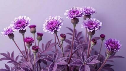 Obraz premium Vibrant Purple Scabiosa Flowers with Delicate White Petals Unfolding Against Rich Plum Foliage and Pastel Lavender Background, AI-Generated Floral Art