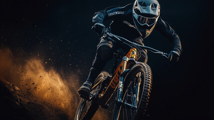 Naklejka premium An extreme cyclist on a mountain bike descends downhill in the dark, leaving a cloud of dust behind, creating a dynamic atmosphere