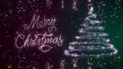 Merry Christmas Tree fireworks snow background. Celebration New Year