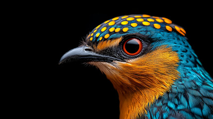 Vibrant close-up of a colorful bird featuring striking blue feathers and distinct orange and yellow markings against a dark background.