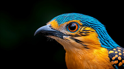 Vibrant close-up of a bird with striking blue and orange feathers against a dark background.