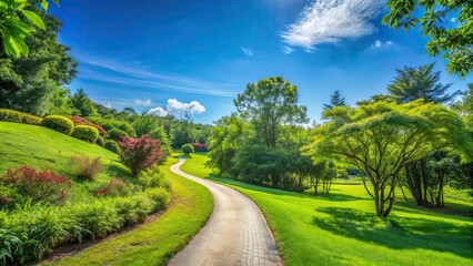 Scenic view of a winding path through lush greenery under a clear blue sky , Scenic, Winding path, Lush greenery