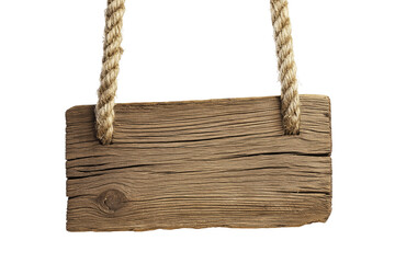Generative AI of Vintage Wooden Sign Hanging on Ropes PNG with Clipping Path Cutout and Copy Space Concept for Rustic Home Decor, Countryside Signage Ideas, and Natural Textured Backgrounds