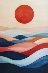 Naklejka premium Wellenlandschaft unter rotem Sonnenball