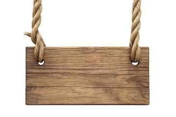 Generative AI of Polished Wooden Sign Hanging on Ropes Concept PNG with Clipping Path Cutout and Copy Space for Traditional Country Decor, Rustic Wedding Signage, and Eco-Friendly Message Boards