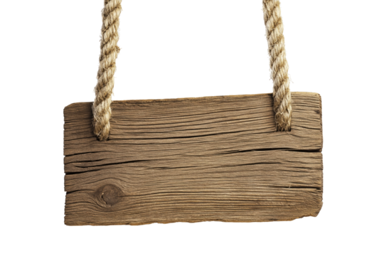 Generative AI of Vintage Wooden Sign Hanging on Ropes PNG with Clipping Path Cutout and Copy Space Concept for Rustic Home Decor, Countryside Signage Ideas, and Natural Textured Backgrounds