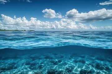 Fototapeta premium Serene ocean view with clear water and vibrant clouds.