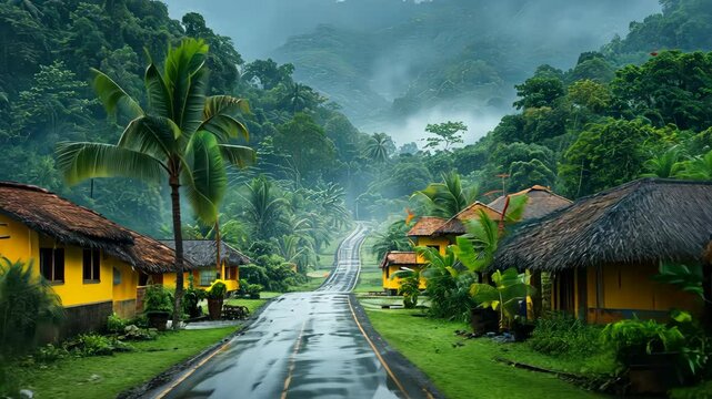 Serene village road through lush mountains on a rainy day in tropical paradise