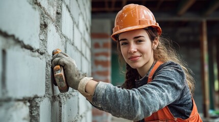A woman with construction tools confidently works at a masonry site, showcasing her expertise in handling trowels and drills