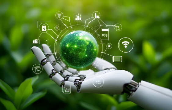 A robot hand holding a green planet Earth with icons of technology. - Powered by Adobe