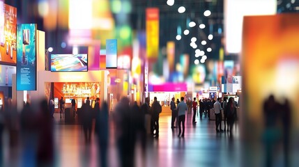 At a busy trade fair, professionals network around colorful booths and vibrant displays of innovative products.