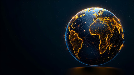 Naklejka premium A glowing digital globe with illuminated connections, representing global networking and technology against a dark background.