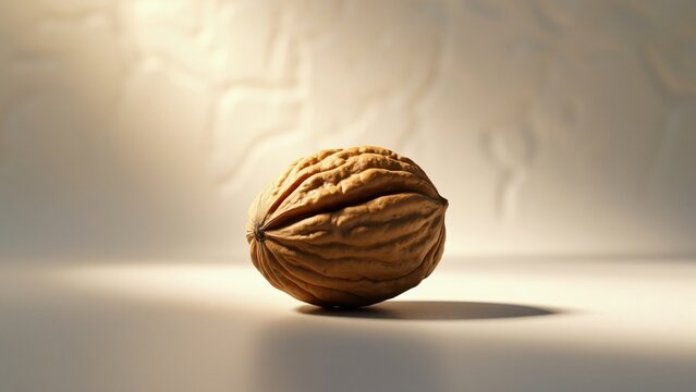 Studio Shot of Single Perfect Walnut, Warm Tones, Chiaroscuro, Soft Glow, White Background