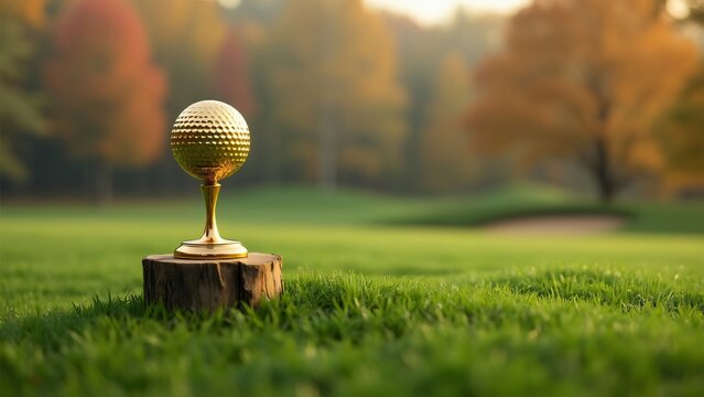 Gleaming 18-Karat Gold Golf Ball Trophy on Weathered Wood Pedestal, Autumnal Golf Course Background