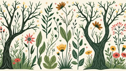 Whimsical Hand-Drawn Botanical Illustrations, Lush Greenery, Delicate Flowers, Gnarled Branches - Folk Art Nature Inspired Vector Design Elements