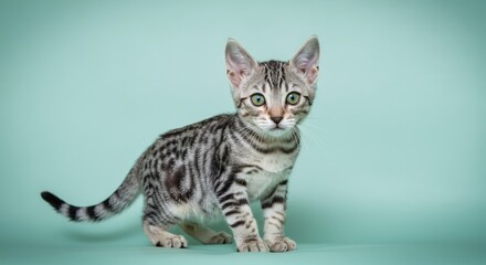 Obraz premium Playful tabby kitten with striking green eyes on pastel turquoise background