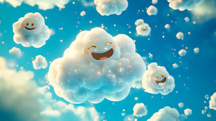 Whimsical Cloud of 3D Laughing Emojis Under Bright Blue Sky