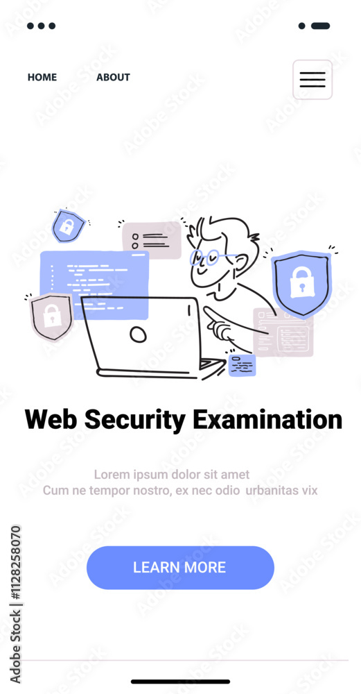 Poster web security examination concept with person using laptop surrounded by security icons and code elem