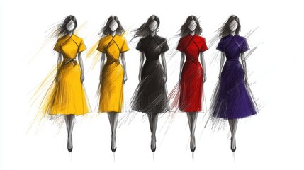 Fashion Sketch of Elegant Dresses in Various Colors for Designs