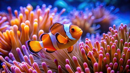 Clownfish swimming among vibrant sea anemone, clownfish, anemone, underwater, marine life, symbiotic relationship